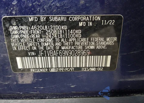 2022 Subaru Wrx Premium из США, поврежденный, VIN JF1VBAF69N9028969